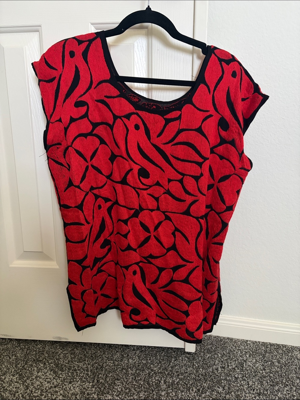 Red and Black Floral Cutout Women's Top